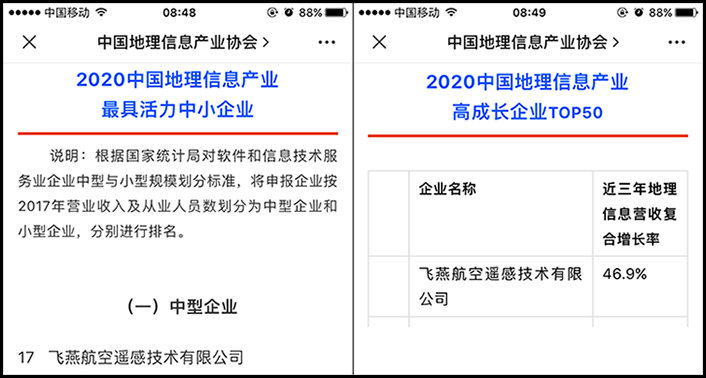 喜訊丨飛燕遙感榮獲2020中國地理信息產(chǎn)業(yè)最具活力中型企業(yè)榮譽(yù)稱(chēng)號，榮耀入選2020中國地理信息產(chǎn)業(yè)高成長(cháng)企業(yè)TOP50！